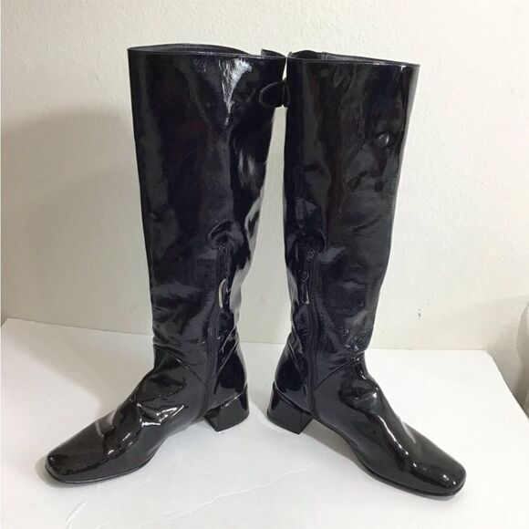 Start Weitzman Boots Black Leather Knee High Patent Leather Block Heel Size 9 - Picture 5 of 16